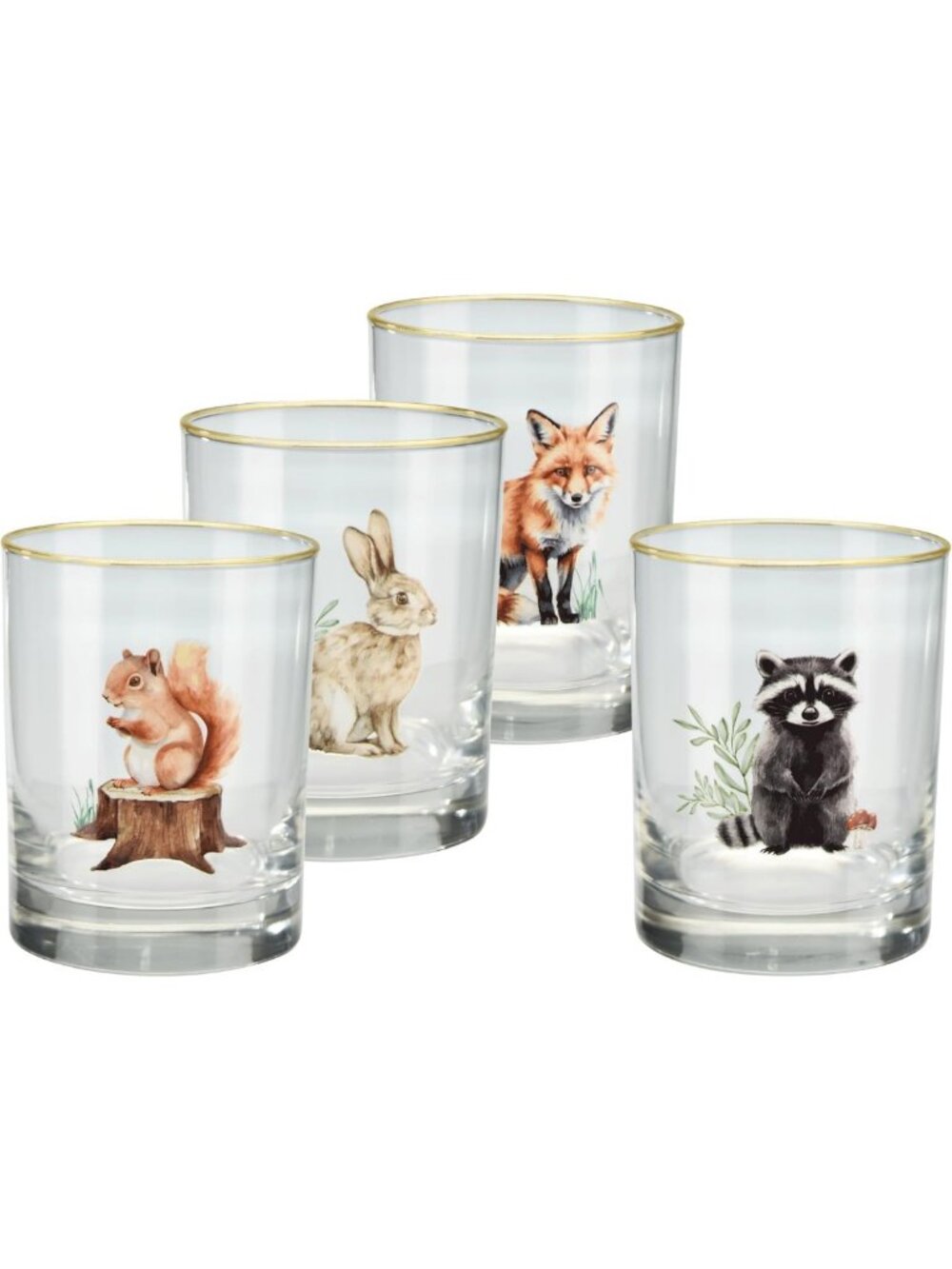 Set of 4 22k Gold Rim Double Old-Fashioned Glasses - Forest Friends Design